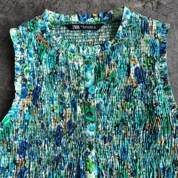 Zara Smocked Floral Peplum Top Button Front Sleeveless Blouse Size M - Picture 10 of 10